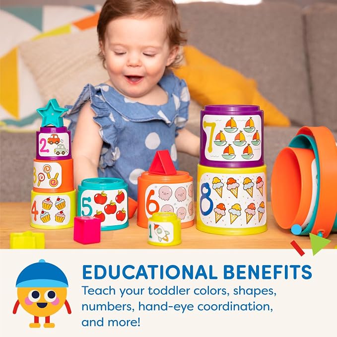 Battat Stacking Cups Shape Sorter, Sort & Stack Nesting Cups Set, Toddler | 19-piece toddler set with 10 nesting cups, 8 shapes, and shape sorter lid for stacking, sorting, water and sand, 18+ Months