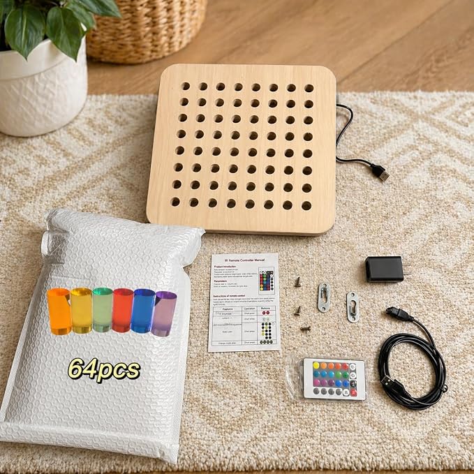 Wooden LED Peg Board Wall Toy for Kids with 64 Pegs | APP Controlled, IR Remote Controlled