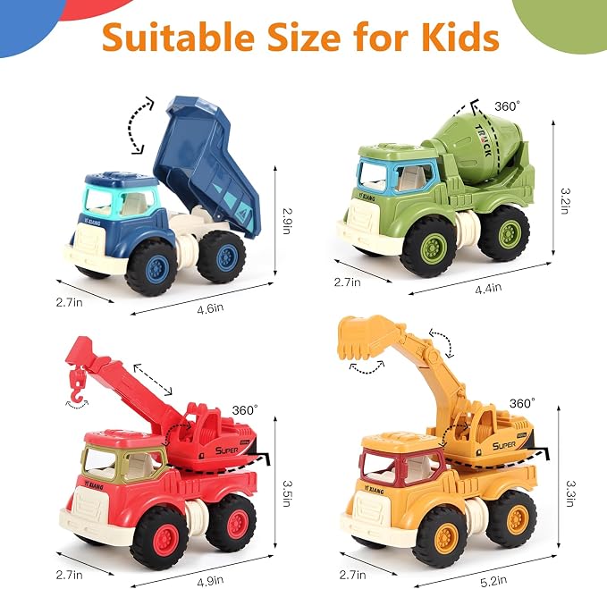 Olbyefly Construction Toys for 2 3 4 5 Years Old Boys Girls Kids Toddlers, Sandbox Excavator Toy Construction Truck Toys Vehicles Dump Crane Cement Mixer Truck, Christmas Birthday Gifts