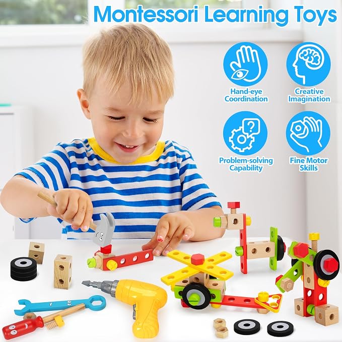 Kids Tool Set Toy with Drill, Stem Montessori Toys for 3 4 5 Years Old Boy Girl, 44 Pcs Wooden Toddler Tool Kits Inc Box, Learning Educational Construction Toy | Toy Tools for Toddlers 3-5 with Drill, Bolts and Wheels in a Portable Wooden Box for Prete...
