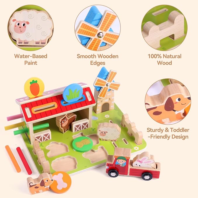 FIIOEOY Wooden Montessori Toys, Farm Animal Barn for Toddlers 1-3 Year Old | Colour Shape Sorting, Sorting & Stacking, Pretend Play, Educational Learning Toy, Fine Motor Skills, Birthday Gift