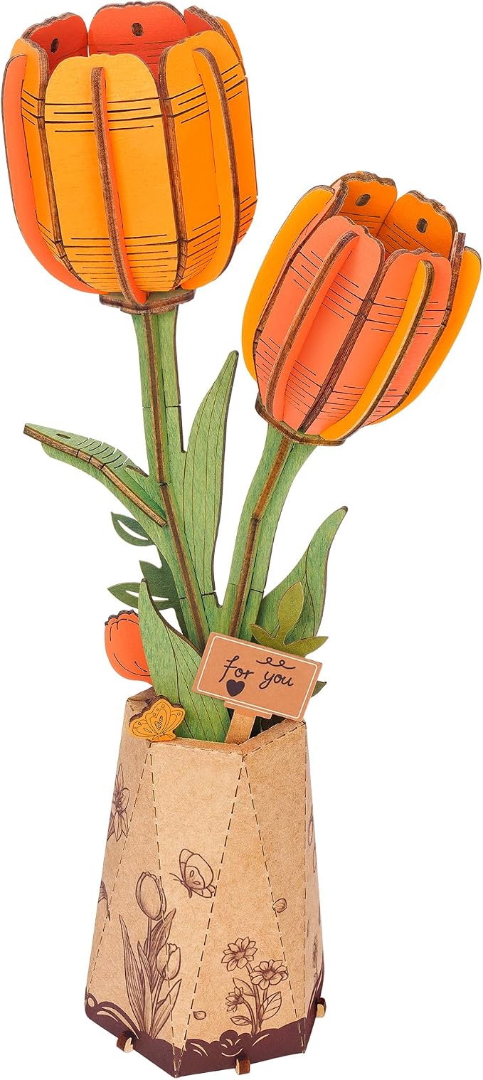 rowood Orange Tulip Wooden Flower,DIY Artifical Flower Building Set Craft Kit for Adults,Mother's Day/Valentine's Day for Mom/Women/Grandma