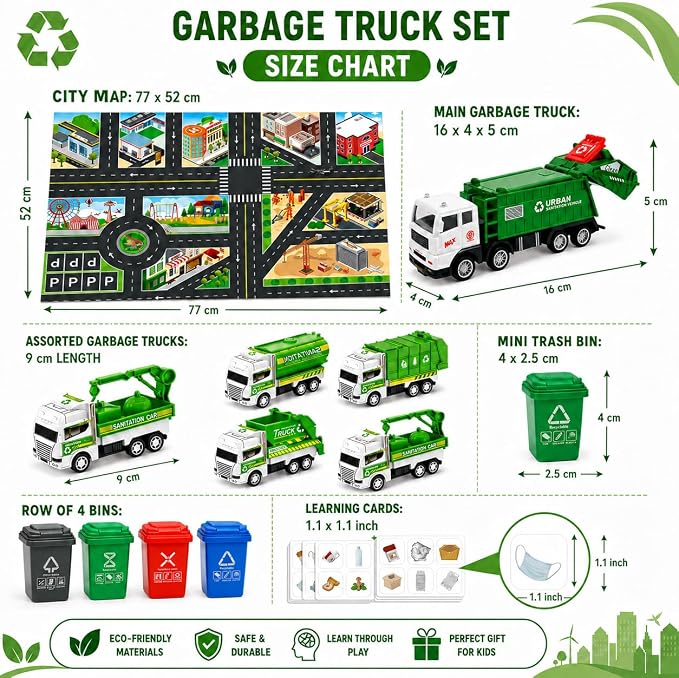 Cinrobiye Garbage Truck Recycling Activity Set with Trash Bins, Sorting Cards, City Map, Road Signs & Vehicles, Earth Day Supplies for Classroom Projects, Environmental Awareness Activities