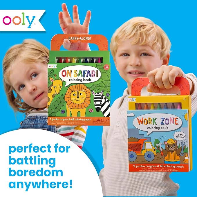 Ooly Kids Coloring Book 9 Jumbo Crayon Kit - Safari | Ages 3+, Easy Grip, Handle Carry, Great for Car and Airplane Travel, Fun Gift