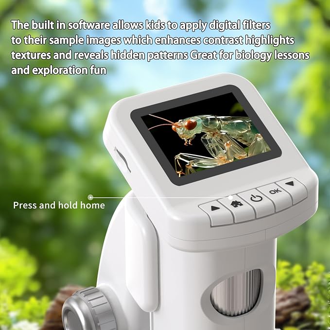 1200X Handheld Portable Microscope for Kids Digital Scope 2.0" Screen Rechargeable STEM Toy Slide Kit Pocket Science Gift for Children Ages 6-12 Students (White)