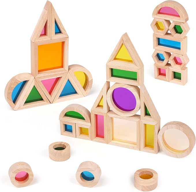 Agirlgle Wooden Rainbow Building Blocks for Kids 32 Pcs Rainbow Stacker Stacking Blocks Game Colorful Construction Toys Preschool Learning Educational Toys -Geometry Wooden Blocks for Boys & Girls