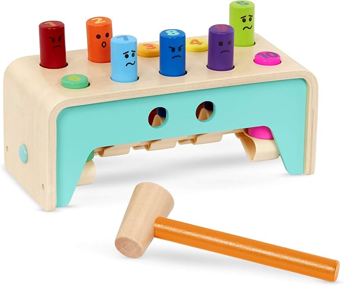 Battat Wooden Pounding Bench Toy with Mallet, Pound & Count Bench | Wooden pounding bench with 10 colorful pegs and 1 mallet for numbers, colors, and emotions; side mallet storage; 1+ Years