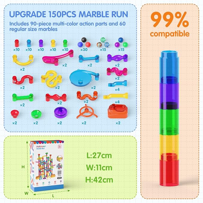 Ifollower Marble Run, 150Pcs Mable Track Race Toys for Kid, Upgrade Marble Maze Game Building Blocks STEM Learning Toy, Birthday for Boys Girls Aged 3-12