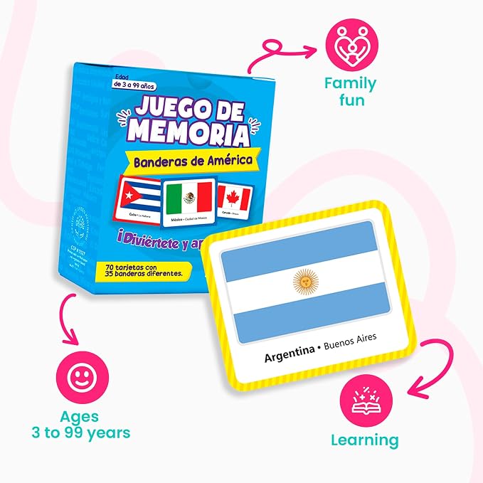 Menique Flags of the Americas Memory Matching Game – Spanish Edition – 70 Cards (35 Pairs) with Flags, Countries & Capitals – Educational Matching Game in Spanish for Kids and Adults