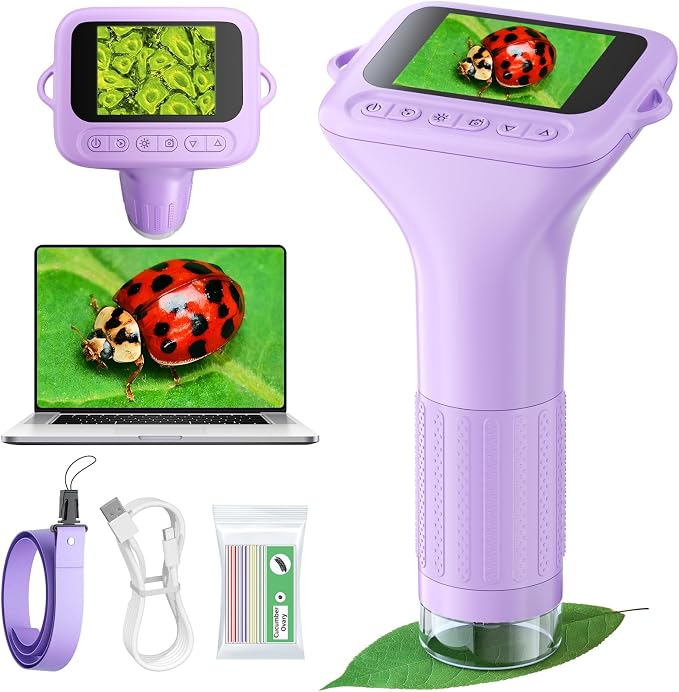 Odatay 1000X Digital Kids Microscope Kit with 12 Slides & 2" Screen, Purple | 1080P Imaging, Fit Ages 3-12, Standalone Pocket Science Edu Toys Gifts, Outdoor Backyard Bugs Exploring, Anti-drop Lanyard