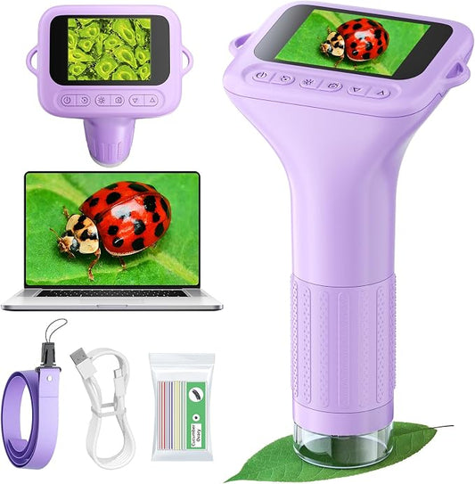 Odatay 1000X Digital Kids Microscope Kit with 12 Slides & 2" Screen, Purple | 1080P Imaging, Fit Ages 3-12, Standalone Pocket Science Edu Toys Gifts, Outdoor Backyard Bugs Exploring, Anti-drop Lanyard