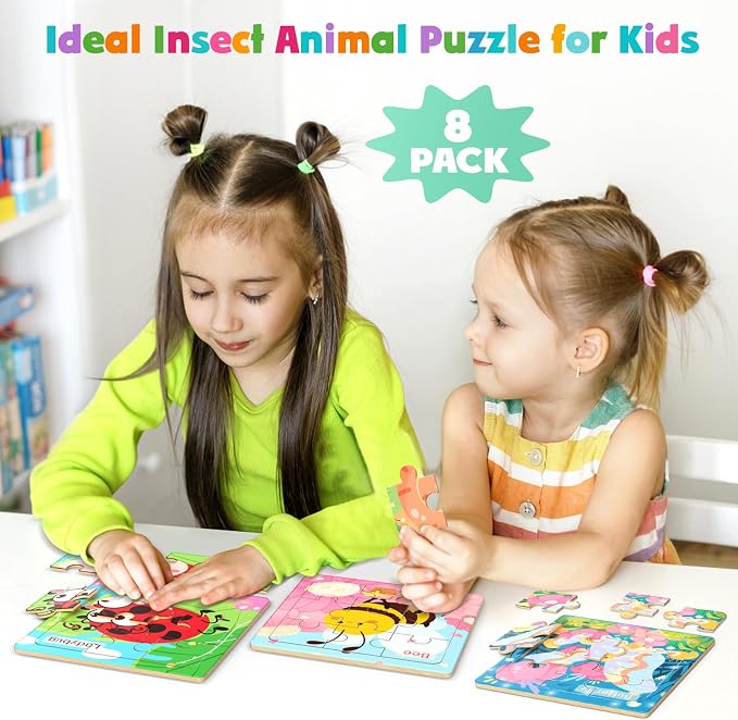 Zeoddler Wooden Puzzles for Toddlers, 8 Pack Insect Animal Jigsaw Puzzles for Kids3-5, 9 Pieces Preschool Learning Activities, Learning & Educational Toys, Gift for Boys, Girls