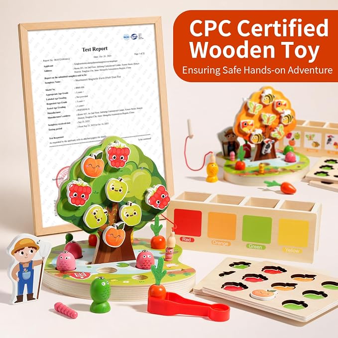 INIFEIDALA Montessori Toys for 3 4 5 Year Olds | Birthday Gifts for Kids | Wooden Educational Toddler Toys, Shape Sorting, Carrot Harvest & Magnetic Fishing Game – Fine Motor Skills Development
