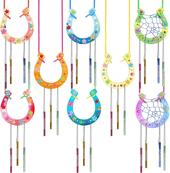 Fennoral 16 Pack Horseshoe Wind Chime Kit for Kids | Make Your Own Wooden Arts and Crafts Ornaments DIY Coloring Horseshoes Craft for Art Activity Birthday Supplies