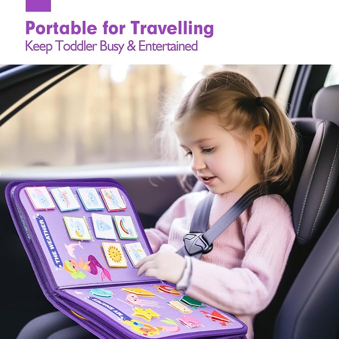 hahaland Busy Board Montessori Toys 3 Year Old Girl Gifts 3rd Bithday Idea | 8 in 1 Preschool Learning Activities - Educational Toys Little Girls Age 3 Travel Busy Book for Airplane Car Rides