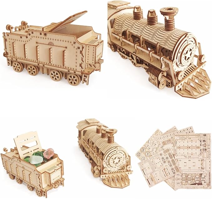 3D Wooden Steam Train Puzzle, DIY Assembly Train Model Kits, Wood Crafts STEM Brain Teaser Puzzle, Steam Train Christmas Birthday Gifts for Adults & Teens