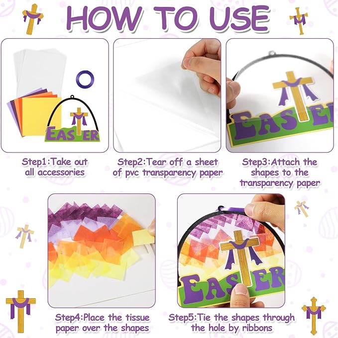 Qyeahkj 36 Set Religious Easter Cross Suncatchers Crafts for Kids DIY Christian Resurrection Window Tissue Paper Craft Kit Hanging Decor for Sunday School Activity Art Project Birthday Party Favor