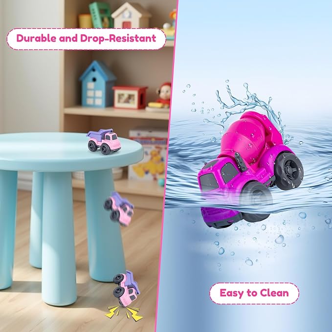 Aigitoy Toddler Car Toys Set - Mixer and Dump Truck for 2-4 Years Old | Sandbox Outdoor Vehicles Toy, No BPA, Phthalates, PVC, Recycled Plastic, Easter Christmas Birthday Gifts Boys Girls (Pink)