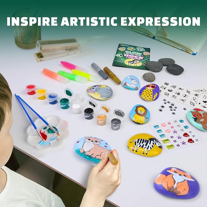EPUMP Rock Painting Kit for Kids - Glow in The Dark Arts and Crafts Supplies Kits for Girls Boys - Kids Activities Creative Art Set Birthday Gifts DIY Paint Toys for Age 6 7 8 9 10 11 12 Years Old