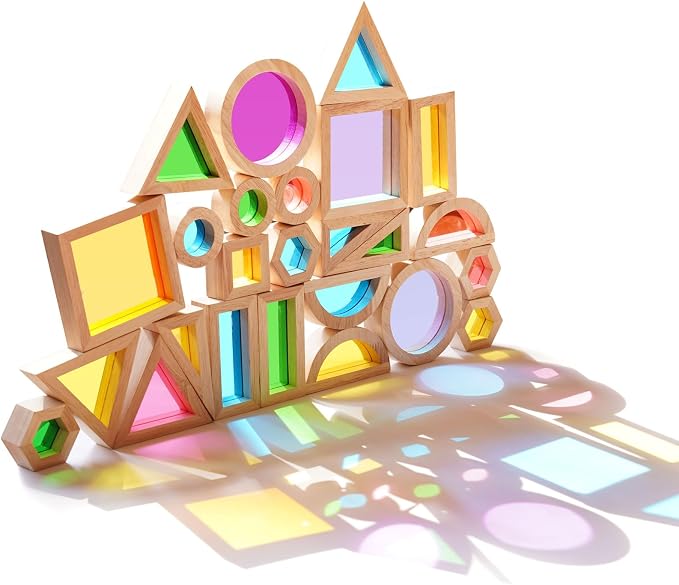Agirlgle Wooden Rainbow Building Blocks for Kids 32 Pcs Rainbow Stacker Stacking Blocks Game Colorful Construction Toys Preschool Learning Educational Toys -Geometry Wooden Blocks for Boys & Girls