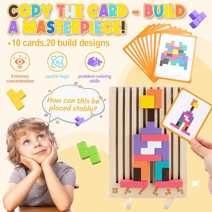 JONEG Games for 3+ Year Olds Kids- Wooden Stacking Puzzles - Brain Teasers 3D Russian Blocks Board - STEM Montessori Toys for Ages 3 4 5 6 7 10 - Gift for Toddlers Classroom Travel