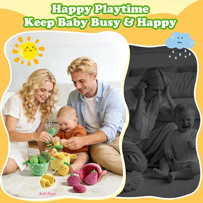 SAIMAND Baby Toys 6-12 Months,16PCS Montessori Plush Sensory Play Food Gift | Color Sorting Fruit & Vegetable Sensory Toys for Babies, Soft Play Food with Crinkle & Rattle,Gifts for 1-Year-Old Boys&Girls