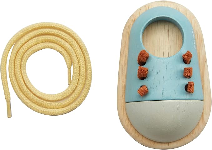 PlanToys® Wooden Shoe Tying Practice Toy for Kids | Montessori Lacing Activity for Toddlers & Preschool | Learn to Tie Shoelaces | Travel-Friendly Educational Toy