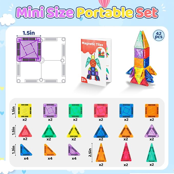 Mini Travel Magnetic Tiles,1.5Inch Magnet Building Blocks Toddler Essentials Set Portable Construction Toys for Airplane Car Kid Aged 3+ Birthday Gift