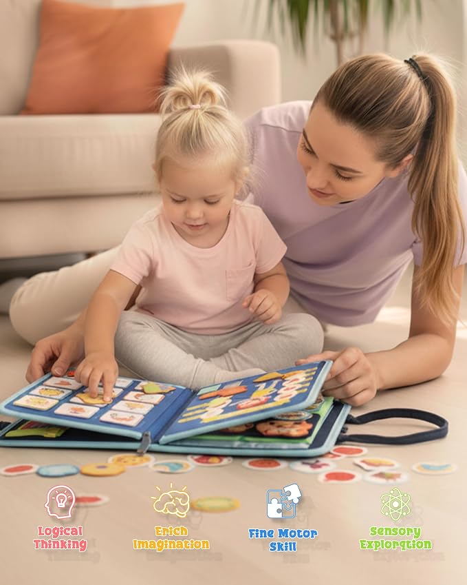 Montessori Busy Board for Toddlers, 8-Page Sensory Activity Book for Fine Motor Skills & Basic Dress Learning, Portable Travel Toy for Preschool Kids, Birthday Gift for Boys and Girls