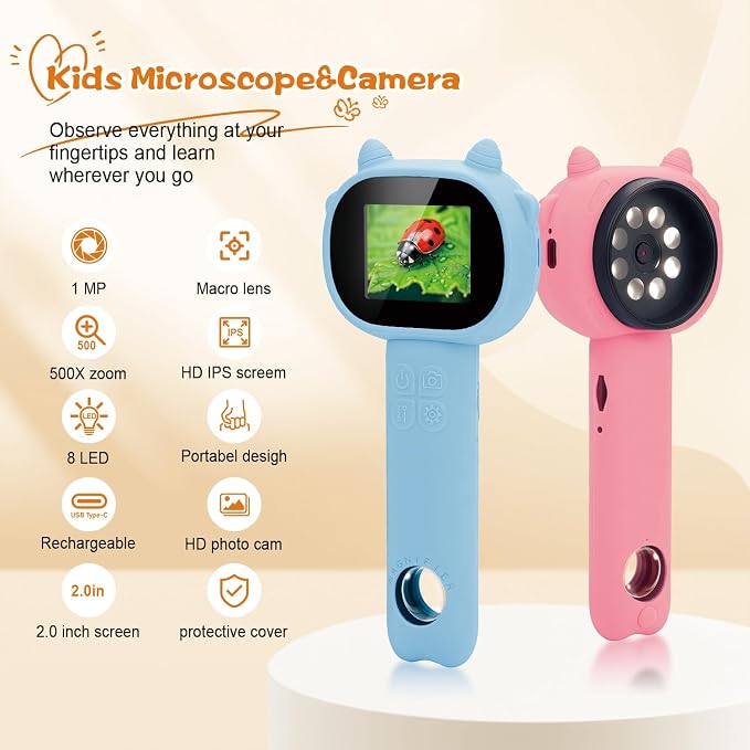 Microscope for Kids - 2.4" Screen Mini Pocket Handheld Microscope for Toddlers-STEM Educational Science Kit Toys for Christmas Birthday Gifts Science Kit Toddler for Boys Girls Aged 3-12 (Light Blue)