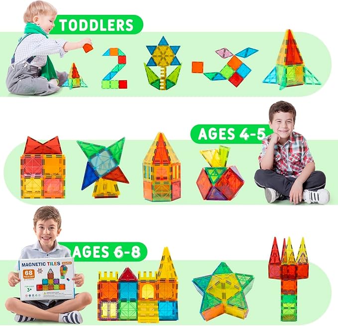 EchoPlan Magnetic Tiles, 130PCS Magnetic Blocks with 2 Cars, Magnet Tiles 3D Clear Building Blocks Set, STEM Sensory Educational Toys Gift for Toddlers Kids Boys 3 4 5 6 7 8 9+ Year Old