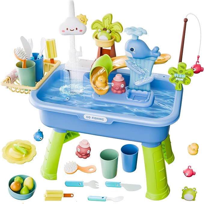 2026 Upgraded Water Table for Toddlers 1-3, Kids Mini Play Sink Toys with Running Water & Electric Pump, Kitchen Sink Sensory Toy, Fishing Game Outdoor Water Play Table for Kids Ages 4-8, Blue