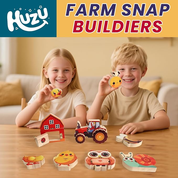 HUZU Farm Snap Wooden Blocks – Montessori Building Toy for Toddler Kids, Moving Wheels Tractor, Lockable Door Barn, Mix & Match Farm Animals Duck Bee Owl Chick Snail, Stocking Stuffers for Grandkids