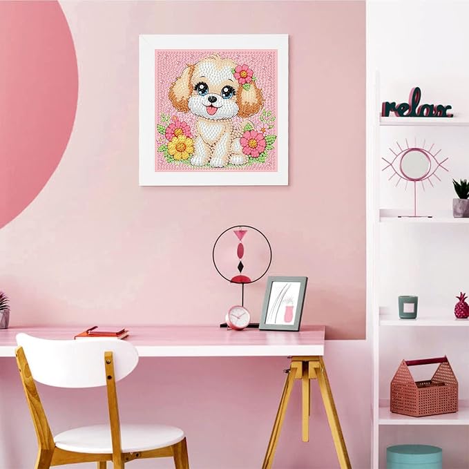 Gemozaic Dog Diamond Art Kits for Kids Ages 4-8-12 with Frame, 7 x 7 Inch | Cute Puppy Diamond Art for Kids 4 6 10 Year Old, Easy Kid Big Gem Painting, DIY Animal Arts and Crafts for Girl Birthday Gift