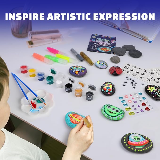 EPUMP Rock Painting Kit for Kids - Glow in The Dark Arts and Crafts Supplies Kits for Girls Boys - Kids Activities Creative Art Set Birthday Gifts DIY Paint Toys for Age 6 7 8 9 10 11 12 Years Old