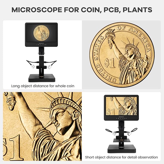 Andonstar AD249S-P 10.1 Inch HDMI Digital Microscope, 4000x 3 Lens 2160P UHD Video Record, Biological Microscope Kit for Adults and Kids, Coin Microscope for Error Coins, Prepared Slides, 32G SD Card