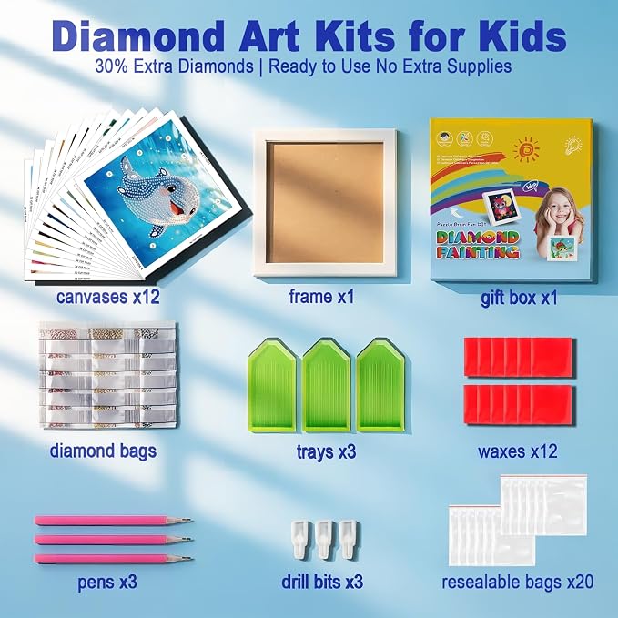 DOZEEZOP 12-Pack Small Diamond Art Kits for Kids 6-12, Water-Animals 7"x7" | 5D Diamond Painting, Partial Round & Special Drills, Desktop & Wall Decor, Beginner DIY Craft, Stress Relief Gift