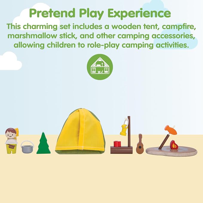 PlanToys Pretend Play Camping Set (6624) | Sustainably Made from Rubberwood and Non-Toxic Paints and Dyes | wooden camping play set, montessori imaginative role play, social skill development, open-ended adventure toys, kids toy