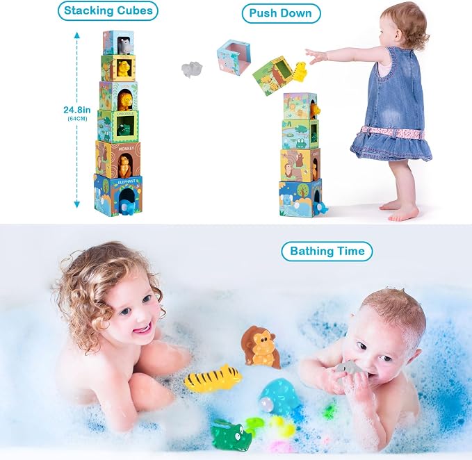 Sorting and Stacking Toys Blocks for Toddler Gifts 1-3, Soft Safari Animal | Bath Toys Age 2-4, Numbers Nesting Stackable Toys for Baby 12-18 Months, Montessori Toys Gifts for 1 2 3 Year Old Boys Girls