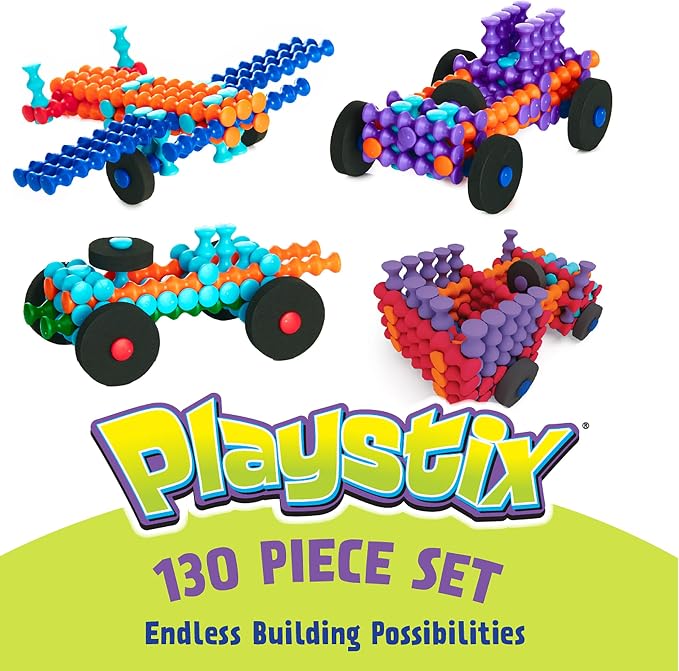 POPULAR PLAYTHINGS Playstix Vehicle Set, 130 Piece, Building Sticks Kit | for Kids Ages 4 and Up, Construction Stem Building Toy Gift, for Boys & Girls, for Kids