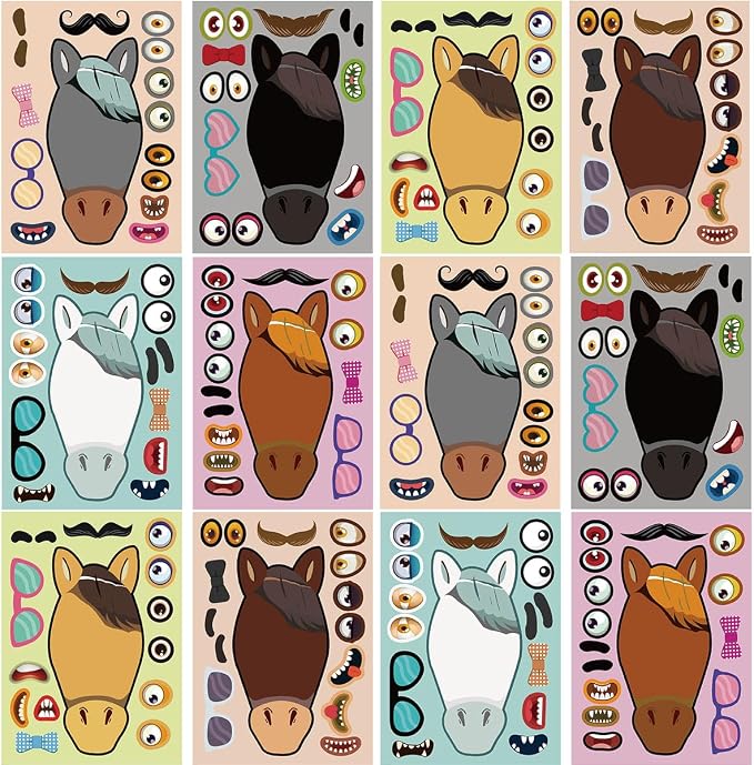 24 Sheets Make a Face Horse Stickers for Kids Toddlers Party Favors | Make Your Own Horse Stickers Birthday Decorations Supplies, Western Cowboy Cowgirl Crafts Activities Gifts Toys Games