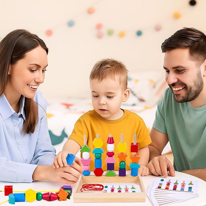 LovesTown Beads Sequencing Toy, Wooden Shape Stacking, 8 Cards, Frame | Montessori Sorting, Matching Game, Fine Motor Skills Development, Hand-Eye Coordination, for Toddler