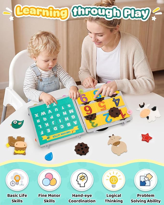 Toddler Busy Book, Montessori Toys Busy Board for Toddlers Birthday Gifts | Felt Book & Cube Sensory Travel Toy, Toddlers Preschool Educational Learning Toys, Quiet Activity Books for Airplane Car,Grey