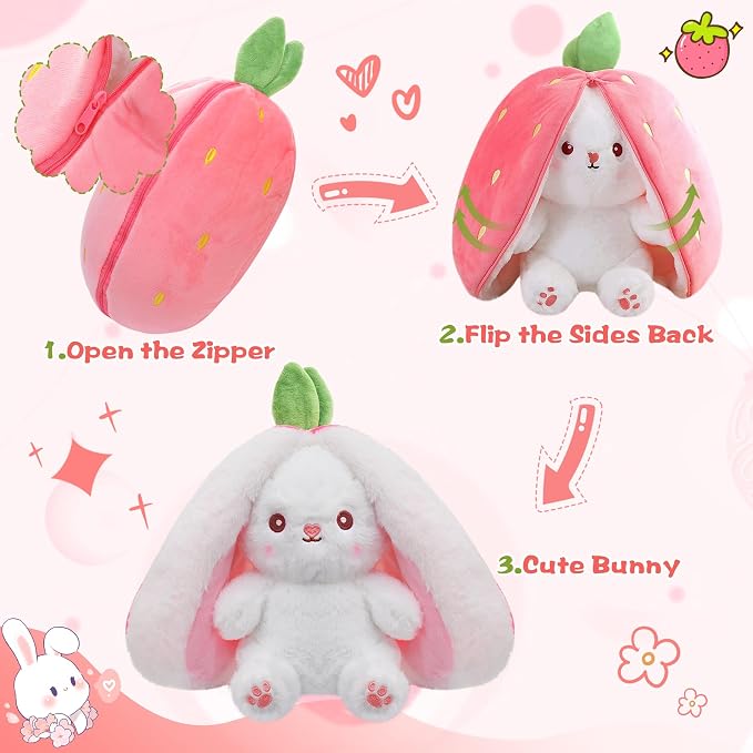 MIAODAM 13.7" Large Bunny Stuffed Animal,Squishy Cute Bunny Plush Toy | Reversible Transformable Strawberry Fruit Doll, Funny Christmas/Easter Plushies Gift for Kids & Girlfriend