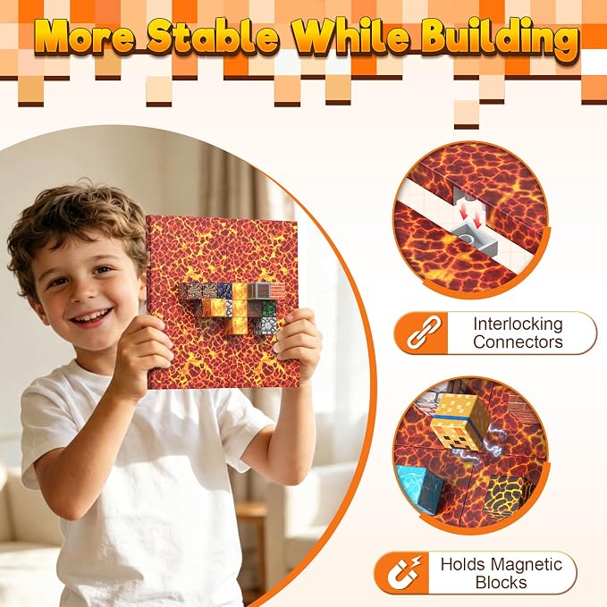 8PCS 4" x 4" Magnetic Building Block Base Plates for Kids, Strong Grip Magnetic Tiles Base Compatible with Most Popular Magnetic Blocks & Cubes, STEM Educational Toys for Boys Girls Ages 3+ (Lava)