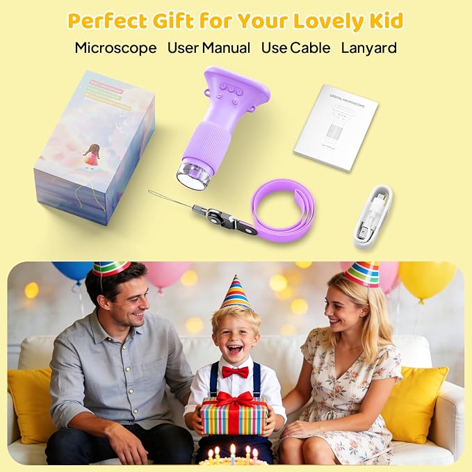 Ashfly Microscope for Kids 200x Zoom 2-Inch HD Kids Microscope Camera - STEM Learning Kit | Portable Science Tool | Perfect for Ages 3-12 Girls | Purple