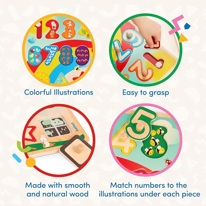 Battat Wooden Number and Shapes Puzzle, Puzzle n Learn Garden, Wood Toys | 15-piece wooden puzzle with 1 board, 10 number pieces, and 4 shape pieces for early math and matching play, 2+ Years