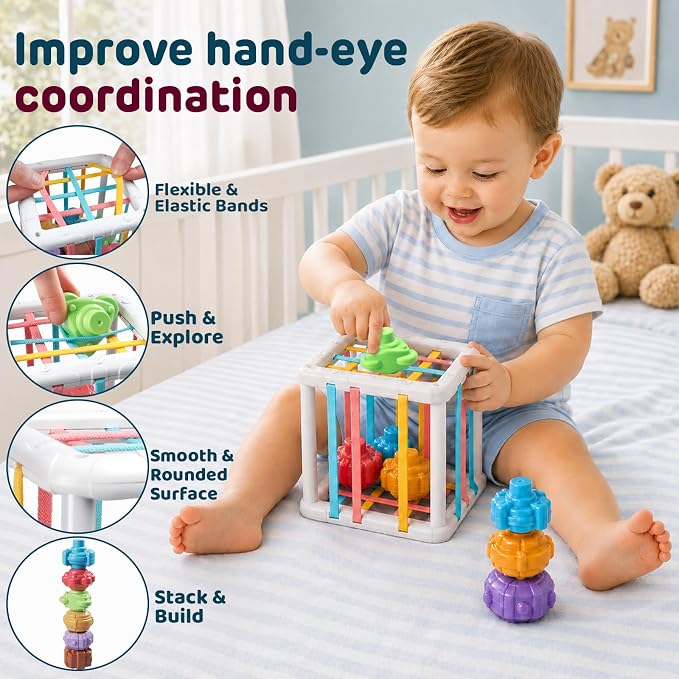 6-in-1 Montessori Baby Toy Set with Wooden Shape Sorter Xylophone Teether | 5 Stacking Rings, 6 Building Blocks, 20 Shape Blocks, Sensory Cube, Stacking, Sorting, Matching, Fine Motor Play, Baby Gift