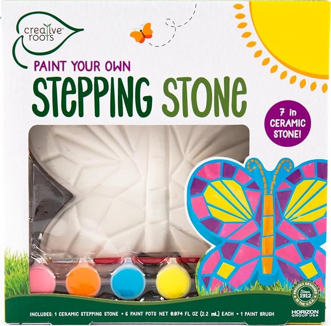 Creative Roots Mosaic Butterfly Stepping Stone Kit, Includes 7-Inch Ceramic Stepping Stone & 6 Vibrant Paints, Paint Your Own Stepping Stone, DIY Stepping Stone for Kids Ages 8+ White