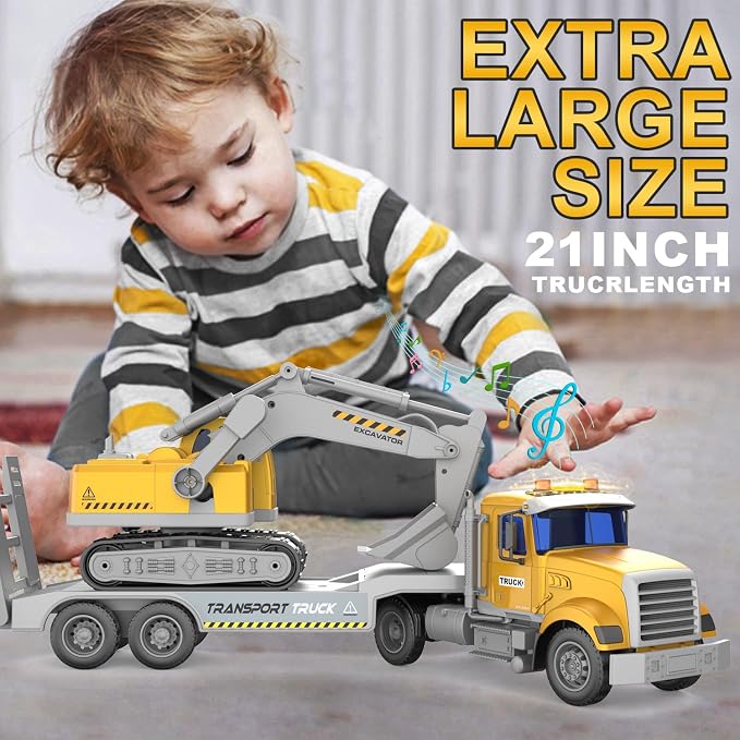 DOWELLIN Excavator Transports Trucks Kids Toys, 22" Large Semi Trucks Toy Carrier and Excavator Truck with Sound&Light,Friction Cars Toys Gifts for 3 4 5 6 7 8 Year Olds Kids Child-Yellow